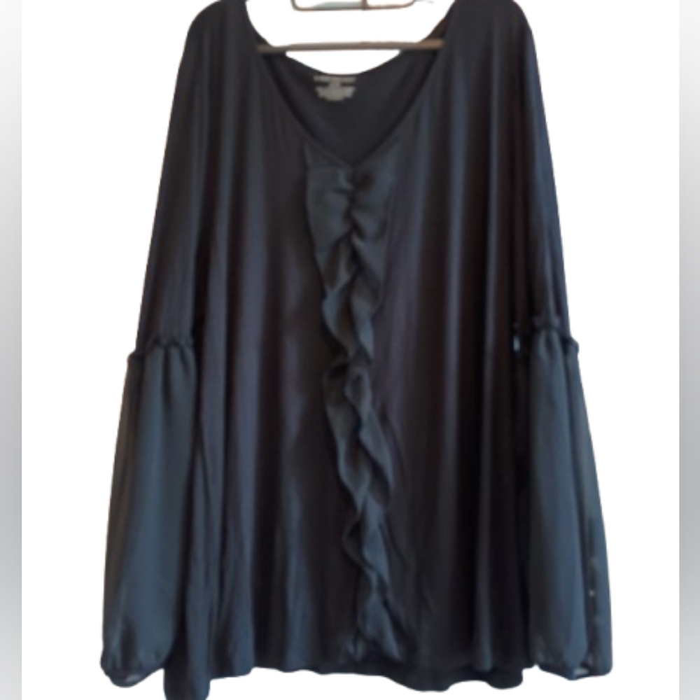 Lane Bryant Blouse Black Ruffle‎ Front Bell Sleeve Sheer Top Plus Whimsigoth